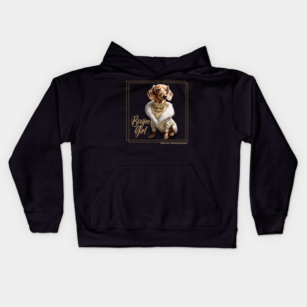Boujee Girl Dachshund Wearing Luxurious Coat & Gold Necklaces Kids Hoodie by Long-N-Short-Shop